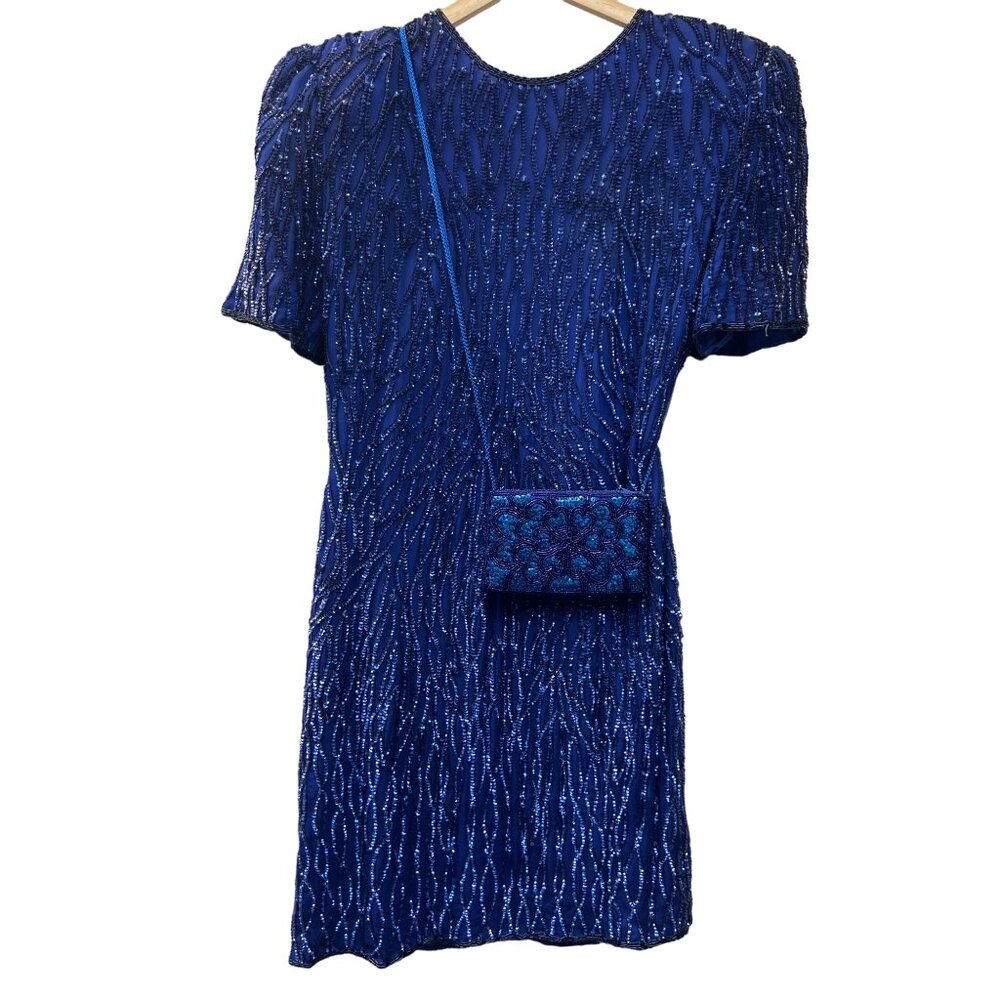 Laurence Kazar Vintage 80's Royal Blue Silk Sequin Cocktail Dress and Purse - Picture 2 of 11